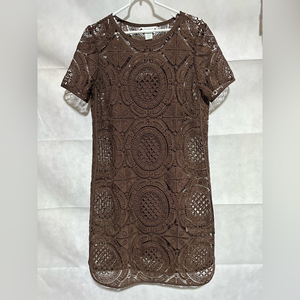 Sundance Women’s M Crochet Lace Embroidered Brown Midi Dress With Slip Summer